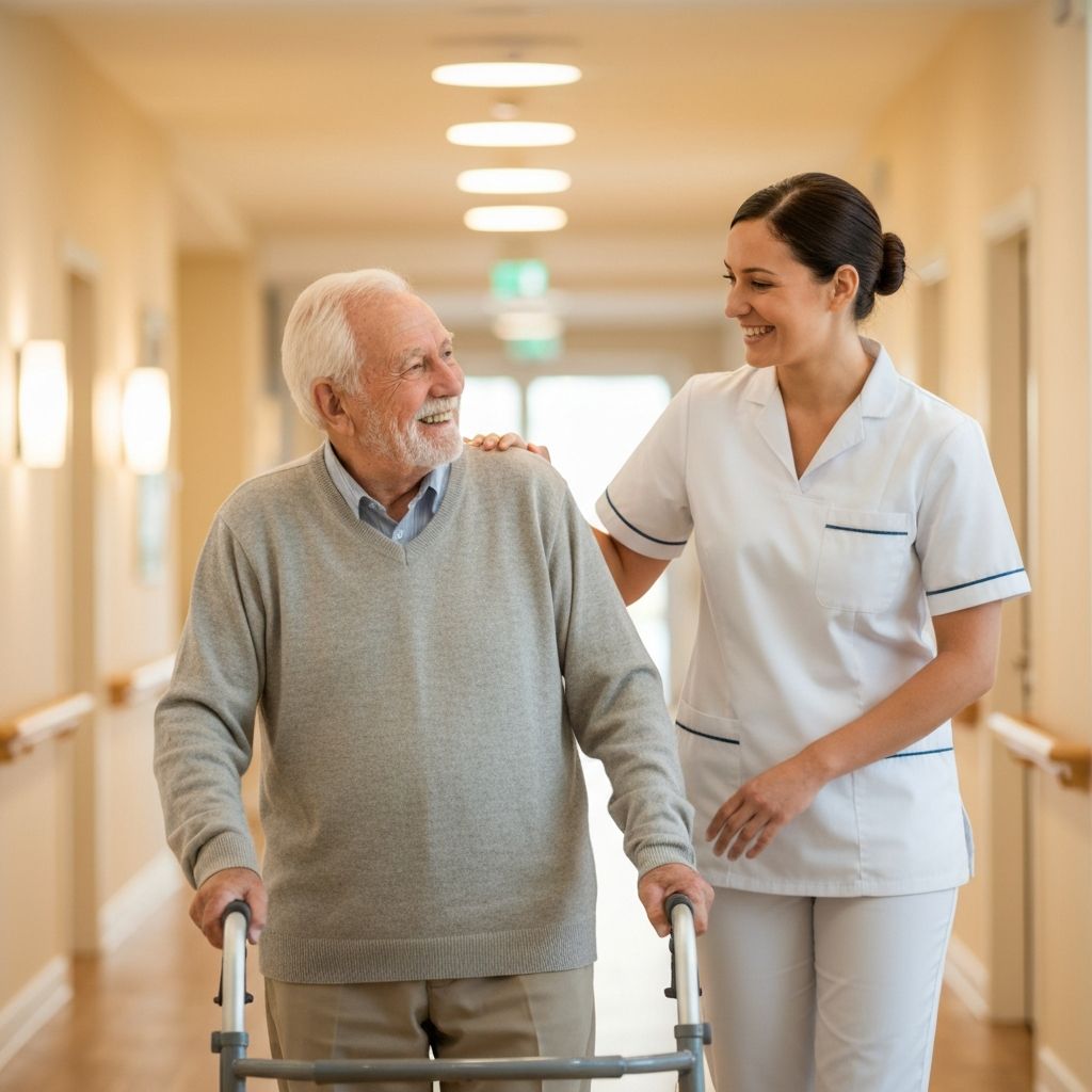 Compassionate caregiver providing mobility assistance