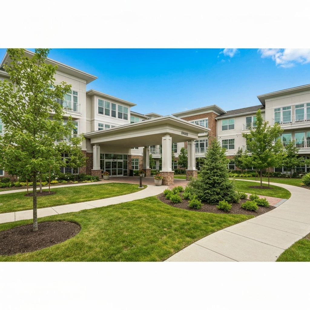 Beautiful exterior of a senior living community with landscaped grounds