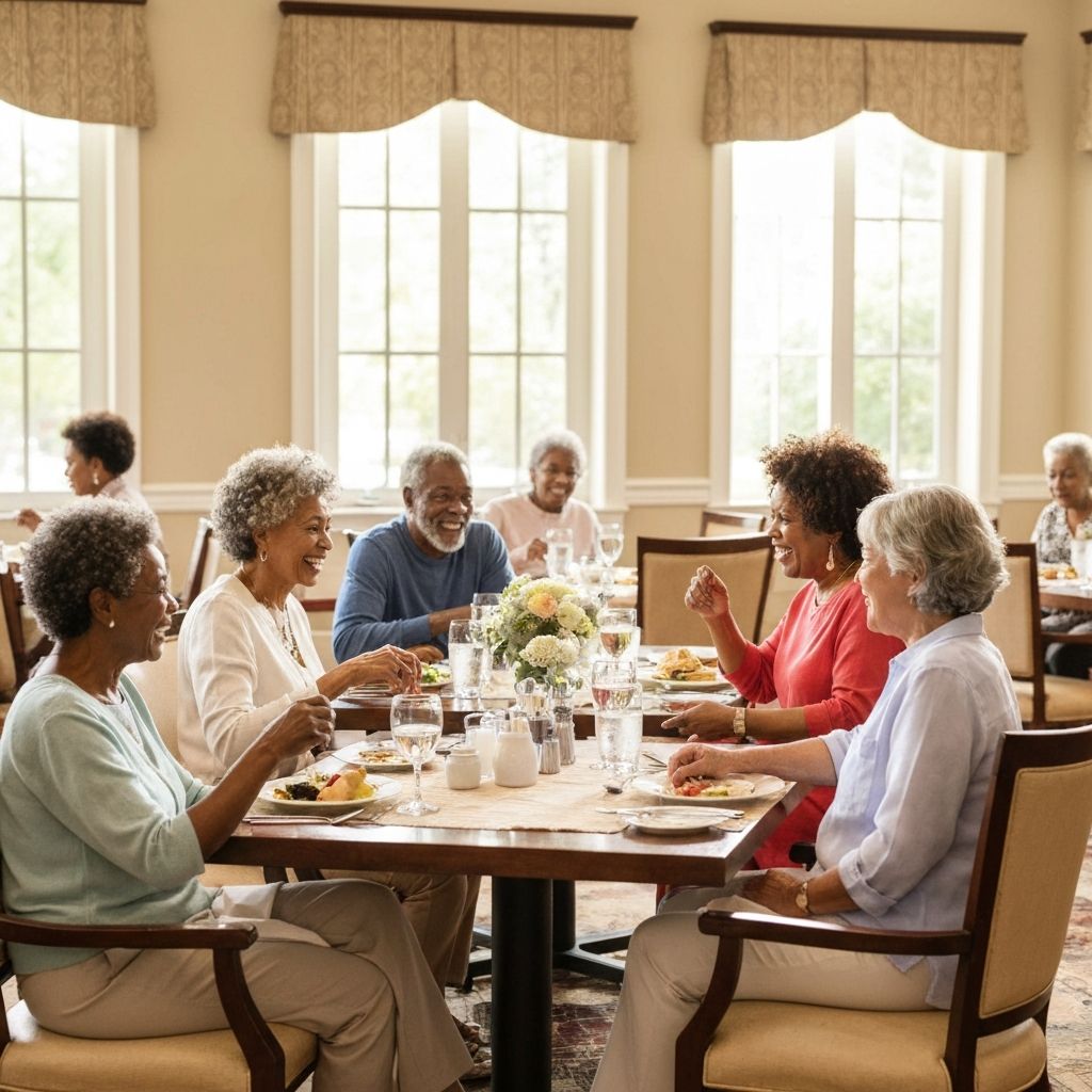 Seniors enjoying a meal together in an elegant dining room